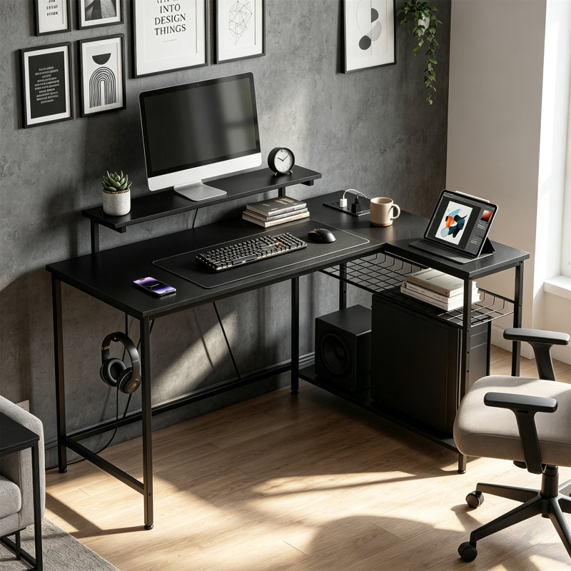 L-Shaped MDF Computer Desk, 90 cm H x 132.5 cm W x 80 cm D, Black