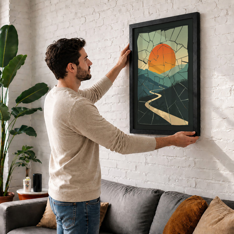 Sunset Over Fractured Land Geometric - Print, Oak, A4 - 29.7 x 21.0 cm
