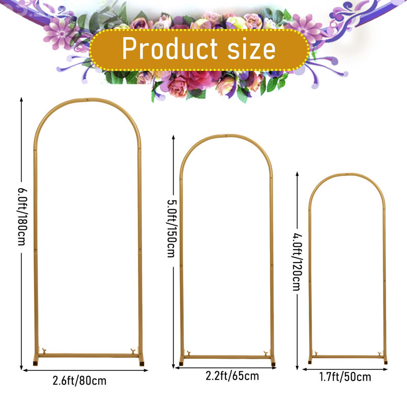 Support Bristol en toile de fond, 6 pi, 5 pi, 4 pi, ensemble de 3 supports en métal doré en forme d'arche, cadre de support de fleurs pour la fête de mariage