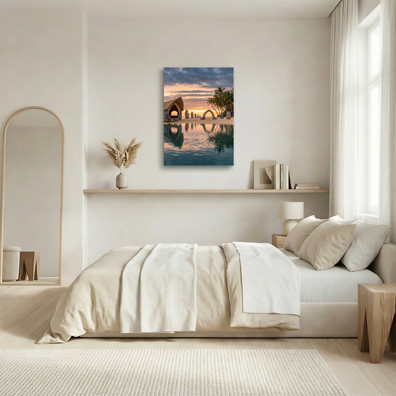 Art sur toile, cabane en bois et statues de pierre sur une plage tropicale au coucher du soleil, H 18 po x l 12 po