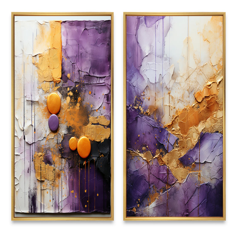 2 pièces sur toile - Fractale abstraite mauve doré, H 20 po x l 24 po, Encadrement doré
