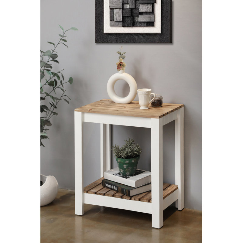 Cedarfield 2 Tier Wood Side Table, White and Brown Rustic Farmhouse Accent Table