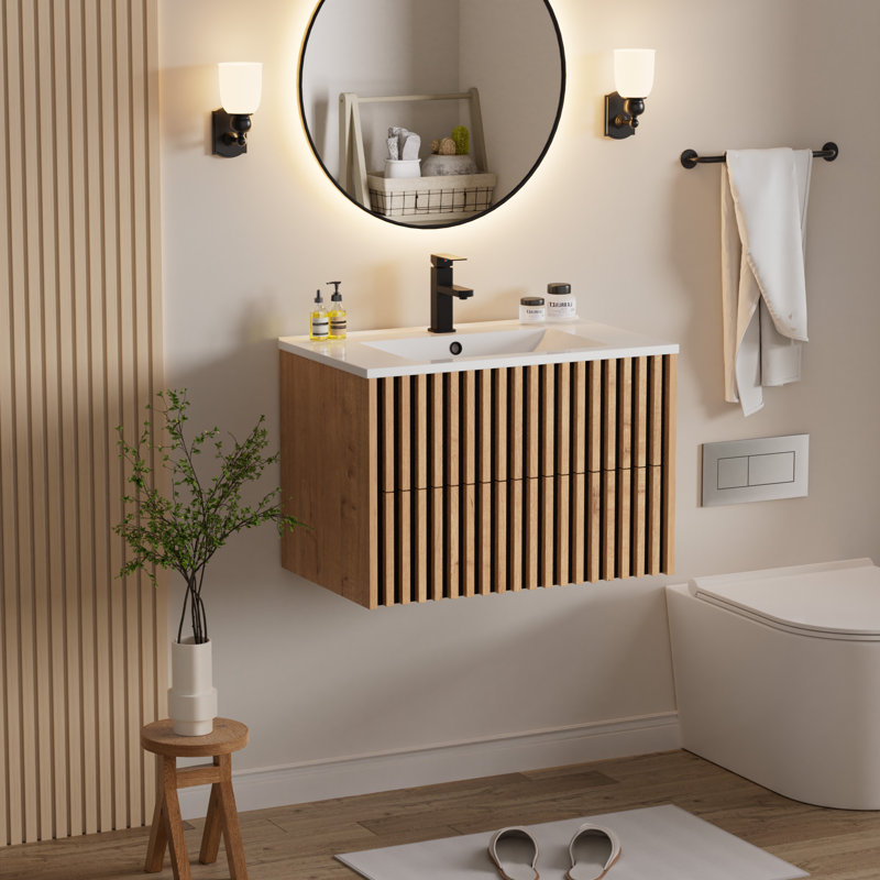 30" Wall Mounted Bathroom Vanity Set With Sink Top, Faucet And Drain, Floating Cabinet, Beige