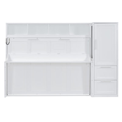Full Size Murphy Bed Wall Bed with Built-in Closet and Drawers, Space-Saving Multifunctional Design