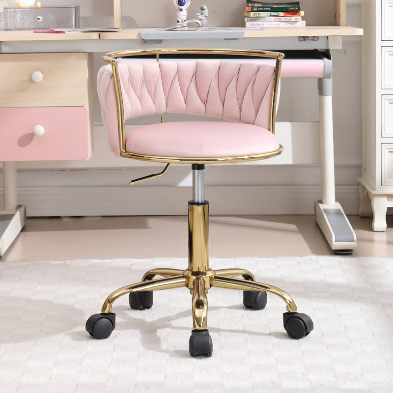 Kids' Swivel Desk Chair With Adjustable Height - Rolling Star Base & Woven Back - Golden Metal Study Chair, Pink