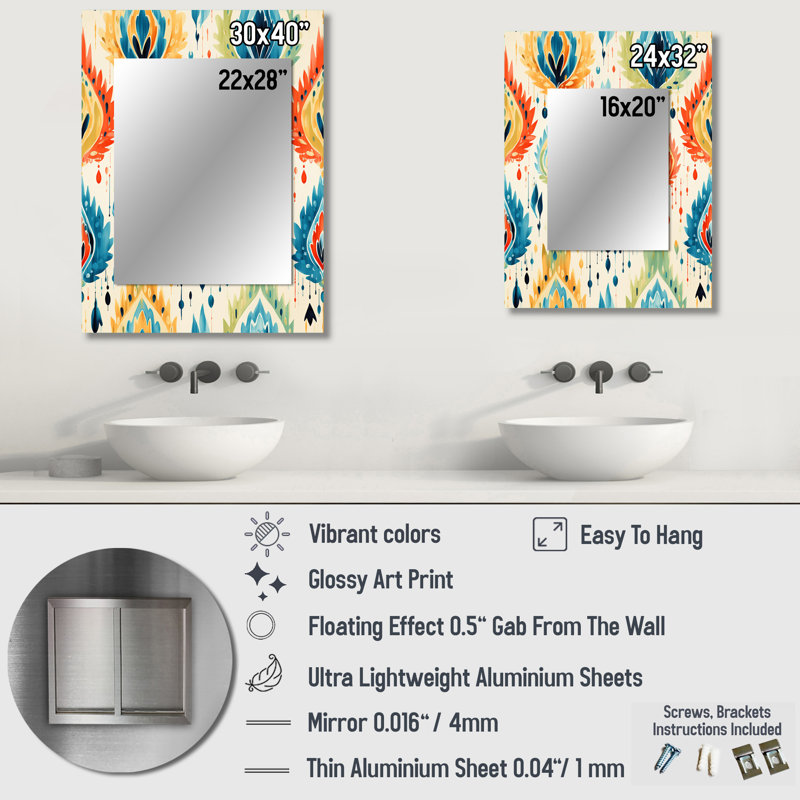 Miroir décoratif, miroir mural victorien, impression d'art en métal, 40 po x 30 po, Atta bleu et orange fusion ikat mosaïque