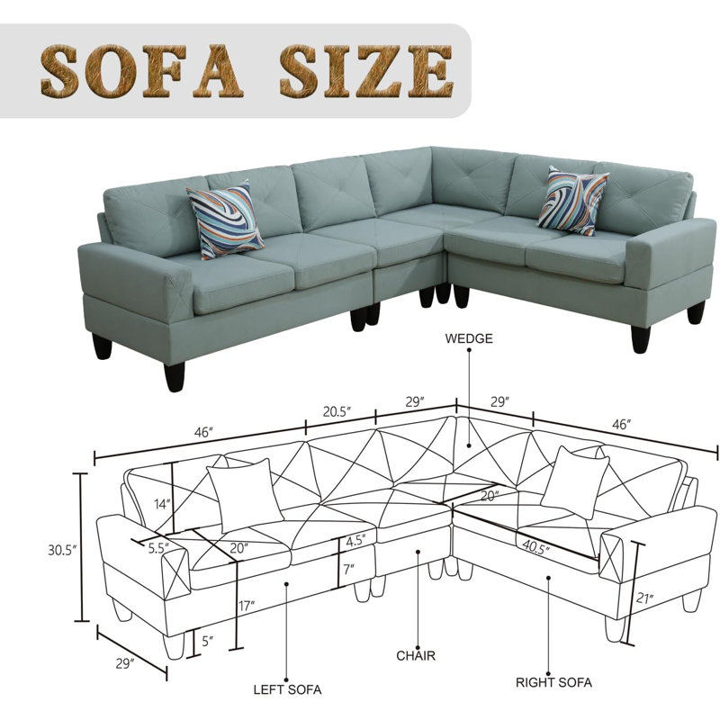 4-Piece Calico Sectional Sofa, Pale Green
