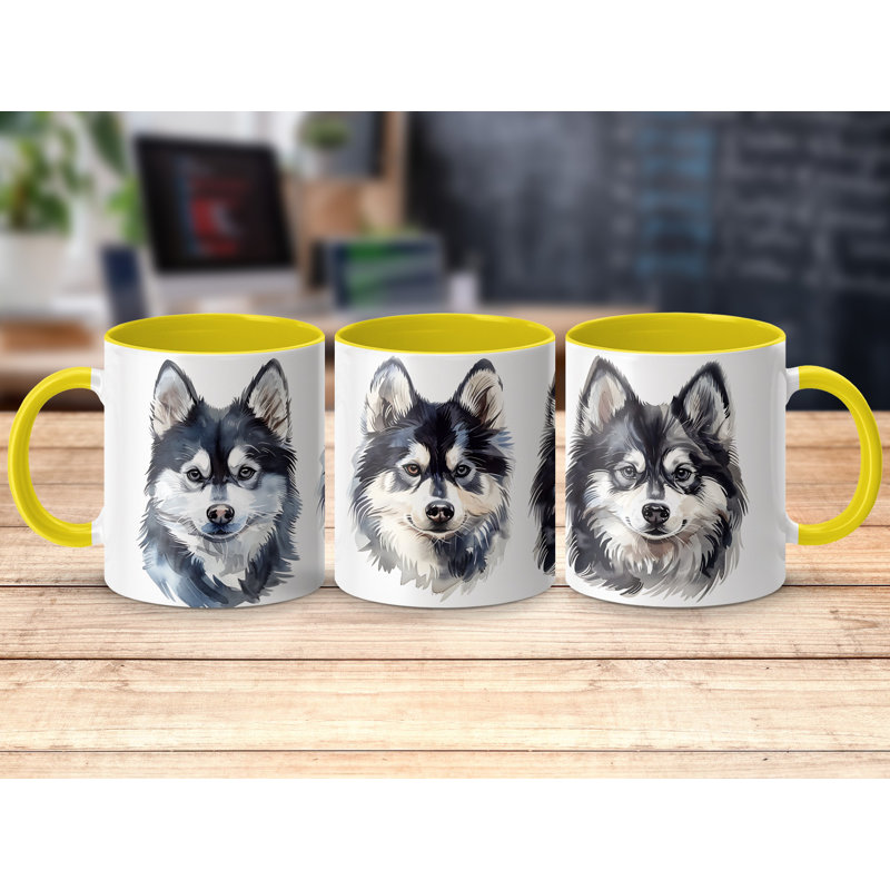11oz Watercolour Alaskan Malamute Design Coffee Mug, Yellow, 2