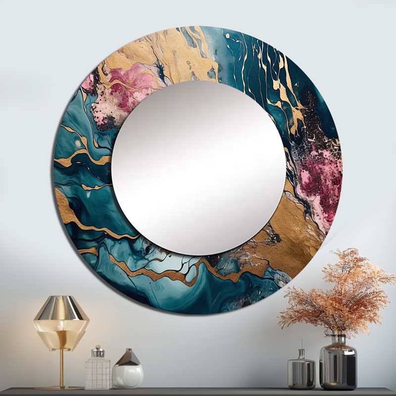 Oxable Exploring The Depths Of Pink Gold Geode II - Marble Unique Wall Mirror, Pink  Mirror, Printed Metal Art, 23" x 23"