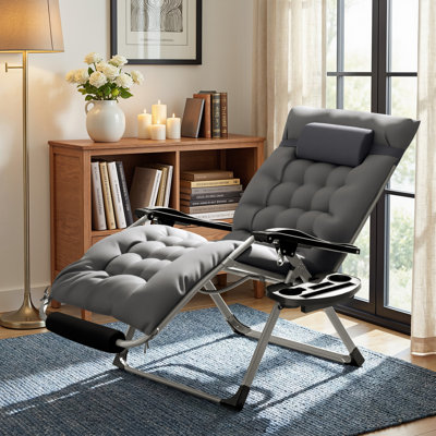 Oversized Zero Gravity Chair with Removable Thick Cushion, Lawn Patio Reclining Chair Upgraded Alloy Lock and Cup Holder, for Indoor Outdoor, Grey