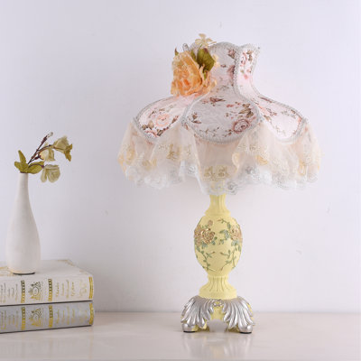 Vintage Ivory + Pink Table Lamp,Victorian Style Table Lamp with Lace,Princess Bedside Lamps,Pleated Fabric Shade Desk Lamp,Antique Flower Night Light for Bedroom Nightstand Decorative Table Lamp