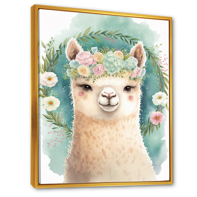 «Flower Alpaca Watercolor III», reproduction sur toile, H 20 po x l 12 po x P 1 po, Toile avec cadre flottant or