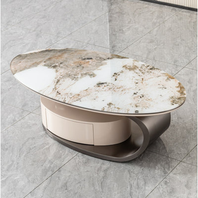 Luxury Oval Cocktail Table, 51.18 Inch Coffee Table with Storage Drawer, Modern Marble‑Patterned Glass Tabletop, Grey Stainless Steel Base Center Acce