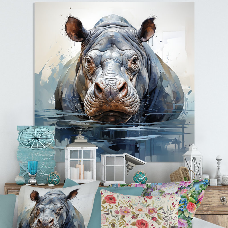 Gris majestueux Hippo Elegance II - art mural hippopotame, H 16 po x l 16 po