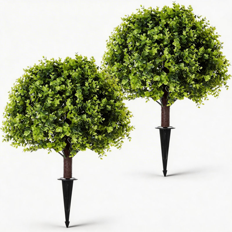 2-Pack 24-Inch Artificial Eucalyptus Shrub with Ground Stakes, UV-Resistant Faux Plant for Indoor Outdoor Planters and Garden Decor, Green