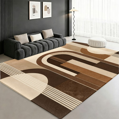Tapis géométrique abstrait lavable à la machine avec envers antidérapant, tapis moderne de style bohème brun beige et crème à motif d'arc, décoration intérieure confortable pour le salon, la chambre à coucher, l'entrée, la cuisine, le balcon, appartement