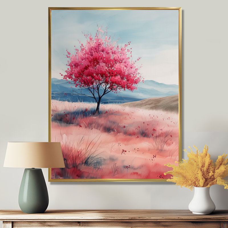 Fleur de cerisier rose bleu pré de prairie I - fleur de cerisier, art mural salon, Toile avec cadre flottant or