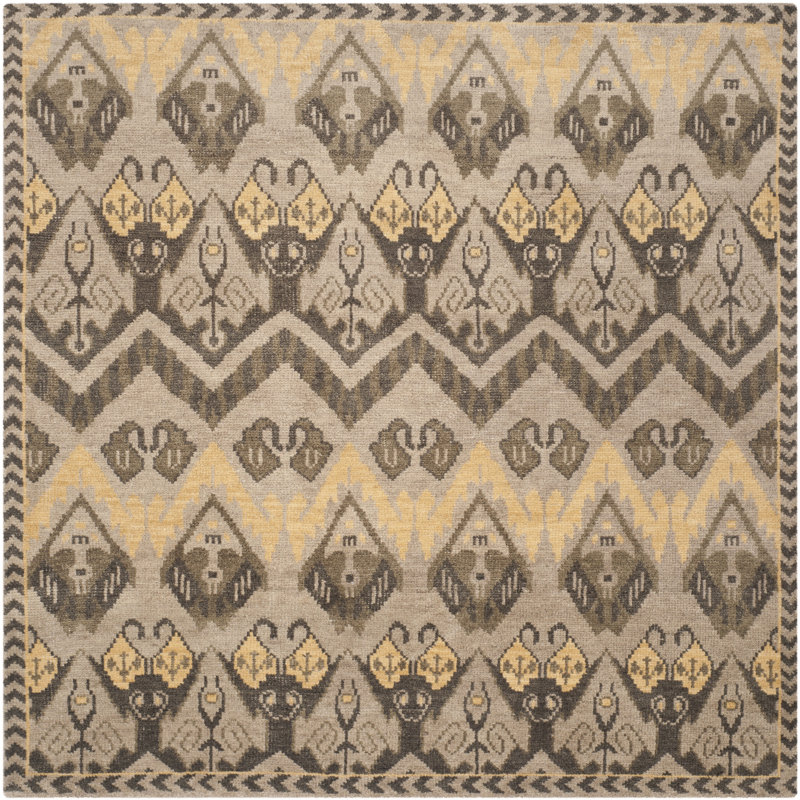 Nesika Hand Knotted Wool/Cotton Ikat Rug in Brown/Gold/Beige, Square 7'