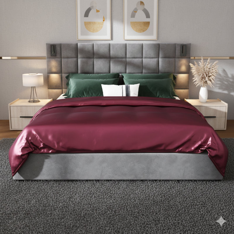 Une base de lit très grand avec une large tête de lit tapissier en velours gris, comprenant des appliques murales intégrées et des ports de charge USB.