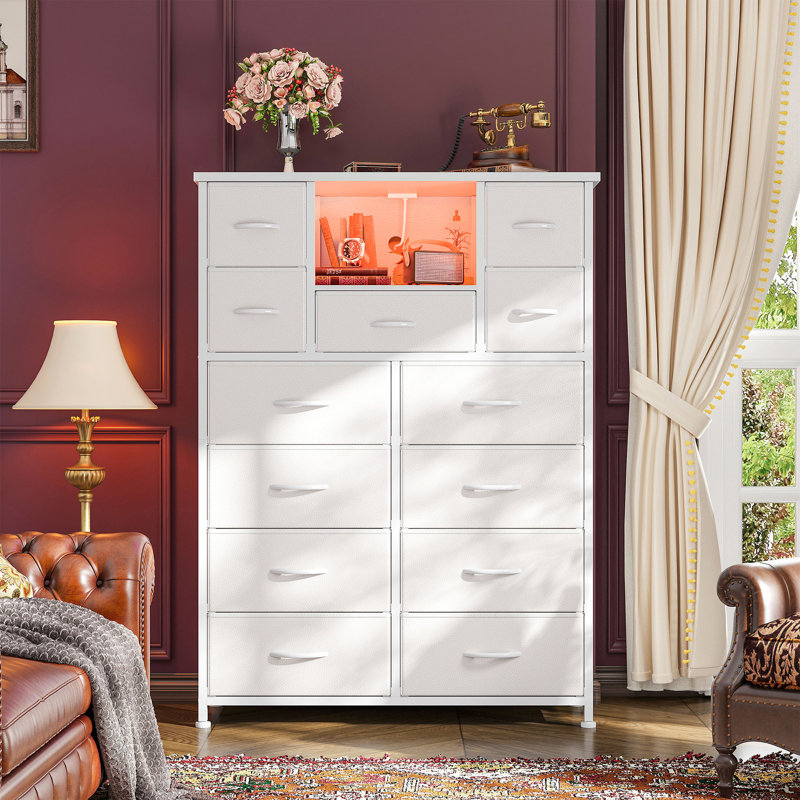 13 Drawer Tall Dresser For Bedroom With Open Shelves & Led Lights, Chest Of Drawers With Charge Station, White