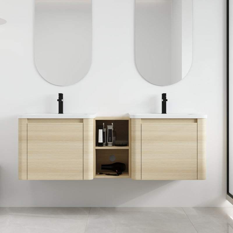 Narnby 60'' Wall-Mounted Double Bathroom Vanity With Ceramic Top, White Oak, 60"