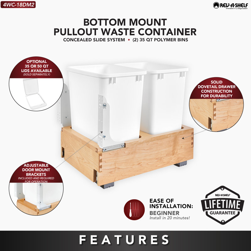 Double 35 Qt White Maple Pull-Out Kitchen Trash Container