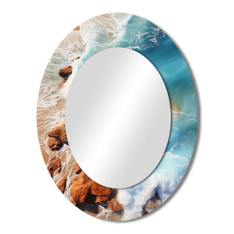 Vue aérienne de Rocky Beach II - miroir décoratif ovale côtier sur métal, 43 po x 33 po
