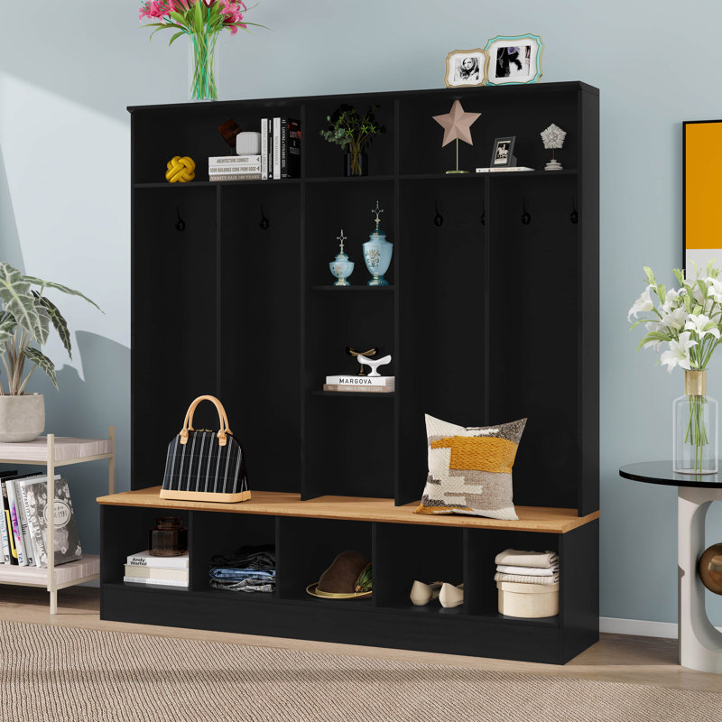 Wide Design Hall Tree With Storage Bench, Shoe Cabinet With Cube Storage & Shelves, Multifunctional Coat Rack With 8 Hooks