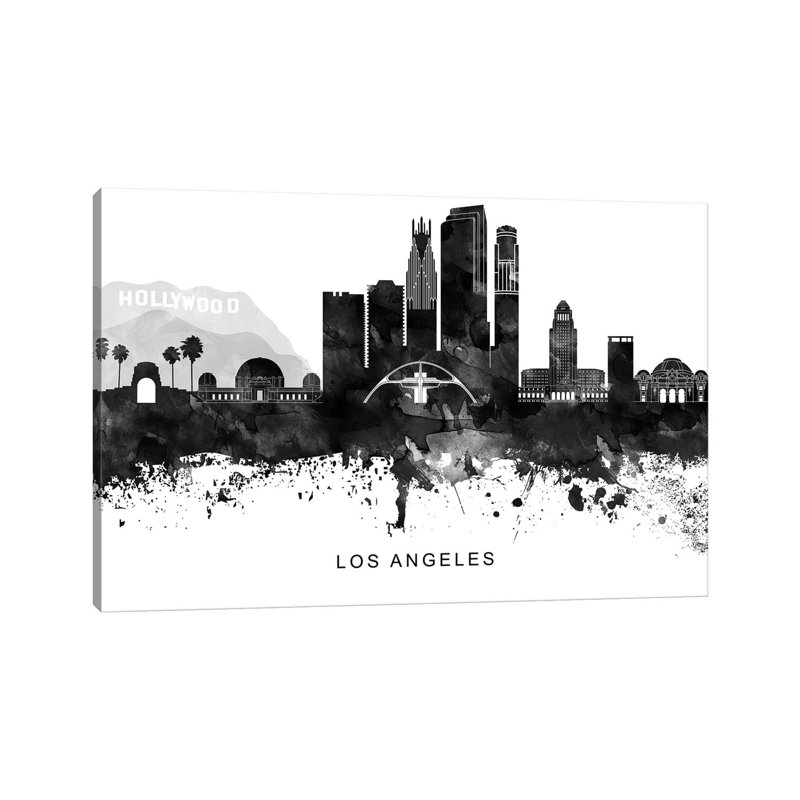 Los Angeles Skyline Black & White - Wrapped Canvas Print, 20.32cm H x 30.48cm W x 1.91cm D