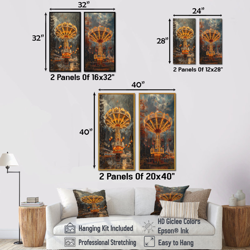 Carousel Amusement Parks Adventure I - Ensemble de 2 pièces d'art mural parcs d'attractions, H 32 po x l 32 po, Érable