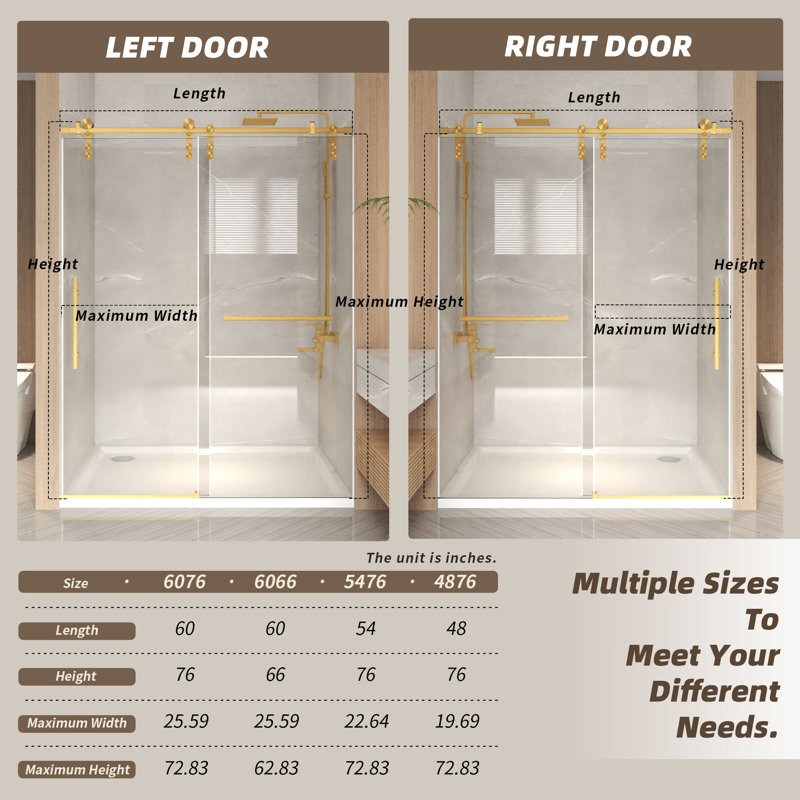 56-60" X 66" H Frameless Sliding Bathtub Door, Tub Shower Door, 5/16" (8mm) Clear Tempered Glass, Stainless Steel Frame,brushed Gold