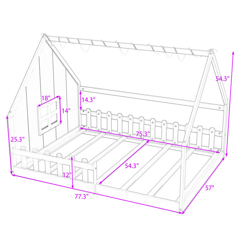 Full Wood House Bed Frame with Built-In Window, LED Light String and Fence, Gray