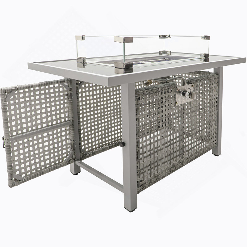 Foyer de table 43 po au gaz propane, foyer d'extérieur rectangulaire en osier à tissage ouvert de 60000 BTU avec pare-vent en verre pour terrasse extérieure - gris