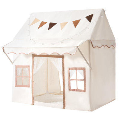 Tente de jeu pour enfants avec auvent 2 en 1, tapis rembourré beige, 2 portes et 2 fenêtres respirantes, grande cabane de jeu intérieure et extérieure, sac de transport, drapeau, guirlande lumineuse étoilée