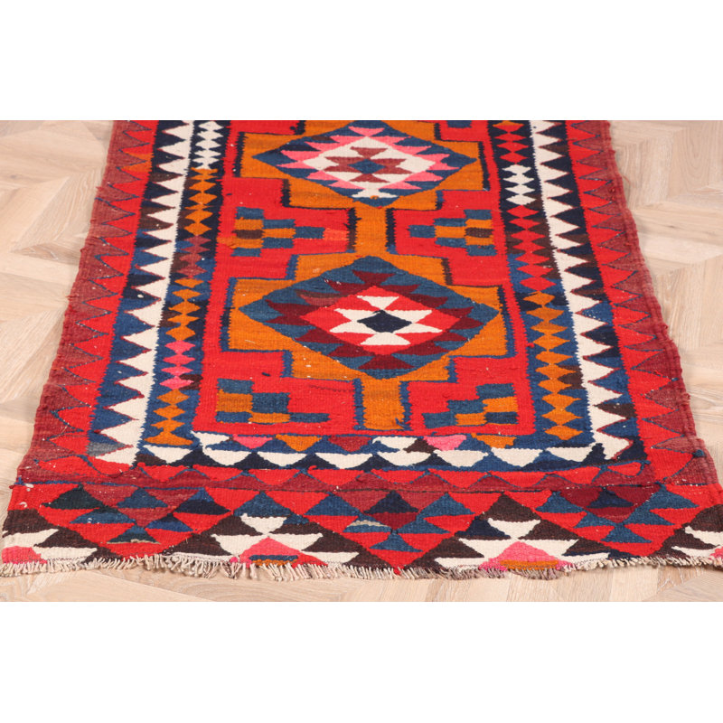Tapis de couloir kilim turc authentique authentique rouge avec motif géométrique et rayé unique