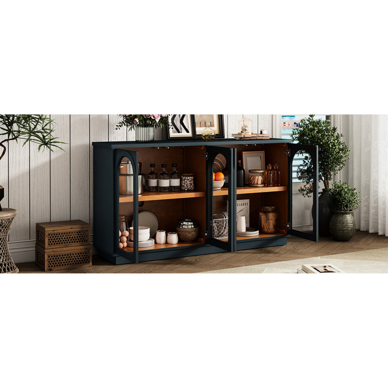 Buffet de rangement bleu marine. 4 portes avec tablettes réglables pour la salle à manger. Conception élégante. Buffet à passe-câbles bleu marine. Vaste espace pour la maison. Tablettes,