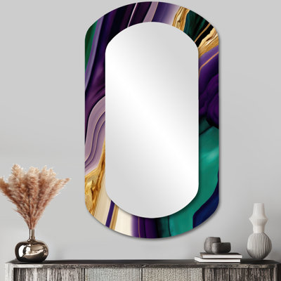 Mauve, vert et or audacieux II - miroir mural cylindrique abstrait, miroir décoratif asymétrique mauve, impression sur métal