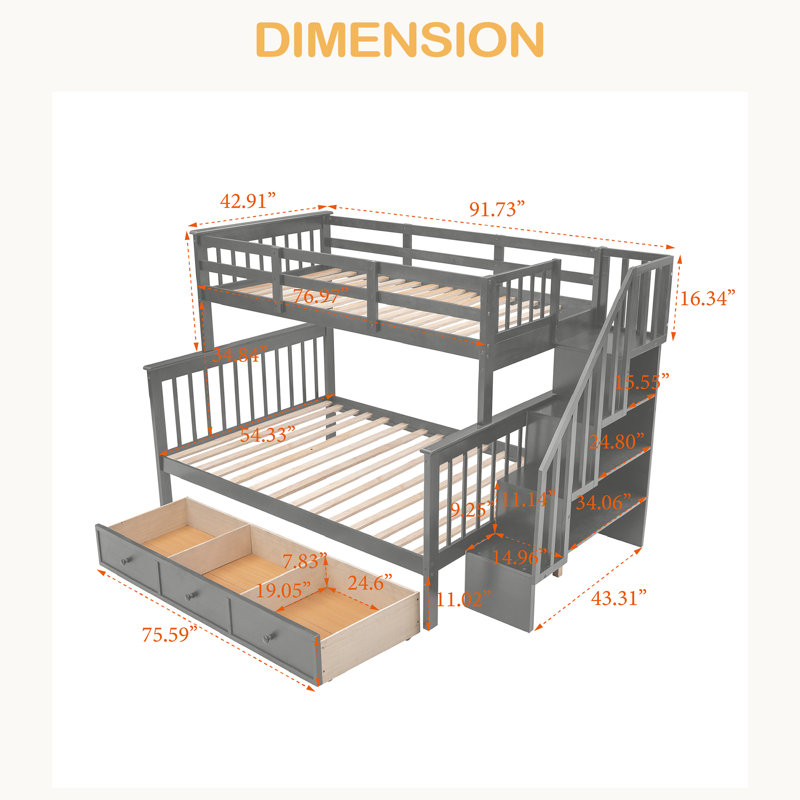Stairway Twin-Over-Full Bunk Bed With Drawer, Storage And Guard Rail For Bedroom, Dorm, For Adults, Gray