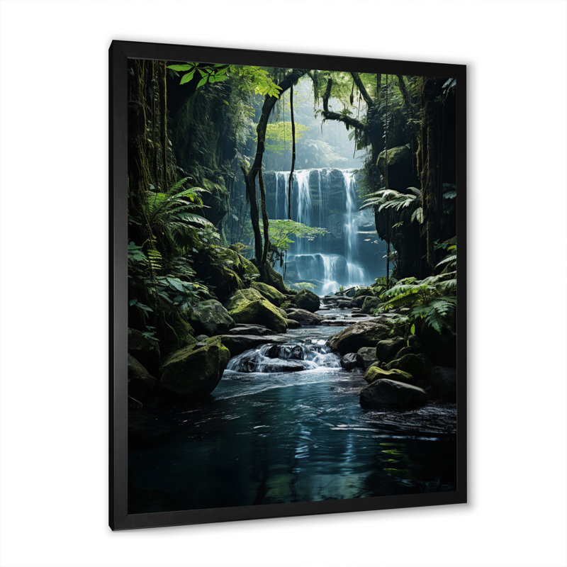 «Waterfall Hidden Oasis I», art mural sur toile, H 32 po x l 24 po x P 1 po, Cadre simple noir