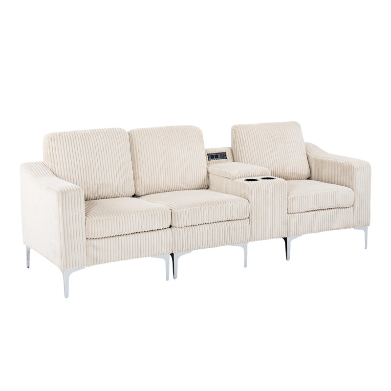 Canapé modulaire convertible beige en velours côtelé à trois places avec porte-gobelets pour le petit-déjeuner beige