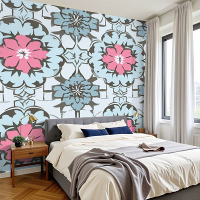 Papier peint auto-adhésif mural 100% floral rose et bleu H 100 po x l 144 po Peel and Stick
