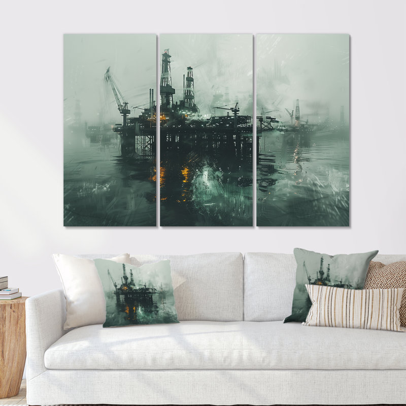 Ensemble de décorations murales gris et vert Winter Drilling Dynamics Oil Rig II, H 32 po x l 48 po x P 1 po