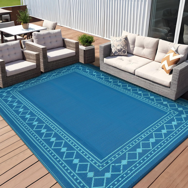  Waterproof Reversible Outdoor Rug for Patio, Collapsible Plastic Straw Carpet - Easy to Clean, Portable for Deck, Porch, Balcony, Camping, RV, Picnic, Beach - 8x10ft Blue/Green