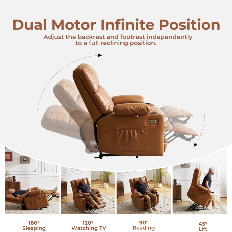Dual-Motor Electric Lift Massage Heating Recliner with Armrest Storage, Camel, Yellow