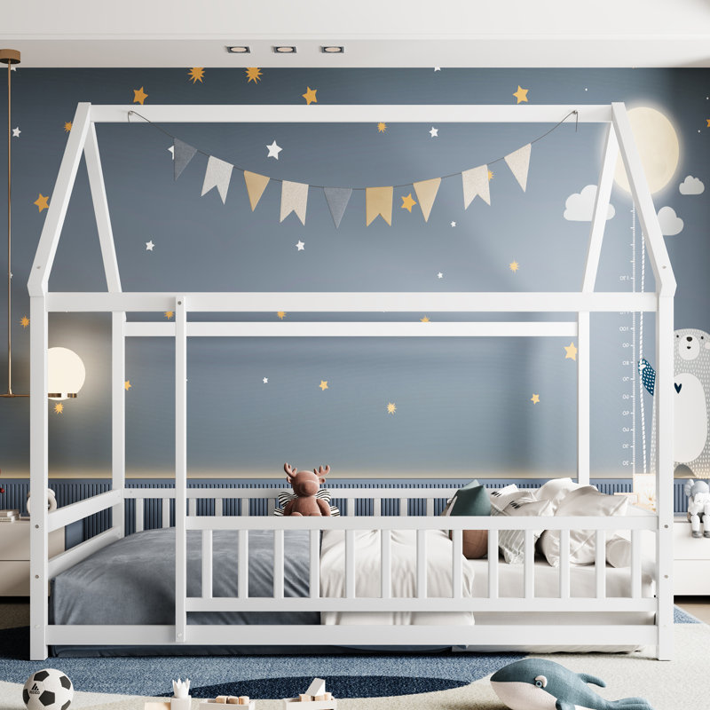 Full Size Montessori House Floor Bed with Roof Frame and Safety Guardrails, White, Full, White