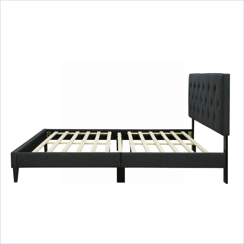 King Sized Tufted Upholstered Bed Base with Integrated USB Charging, Compressed Bed-in-a-Box, Matte Black Polyester