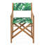 Chaises de réalisateur pliantes en bois d'acacia Cukor Coastal, siège en tissu de polyester vert / blanc et structure en teck brun pour patio, terrasse et balcon