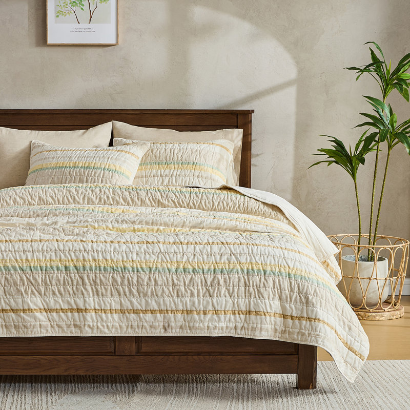 Queen Size Greige Cotton Stripe Quilt Set