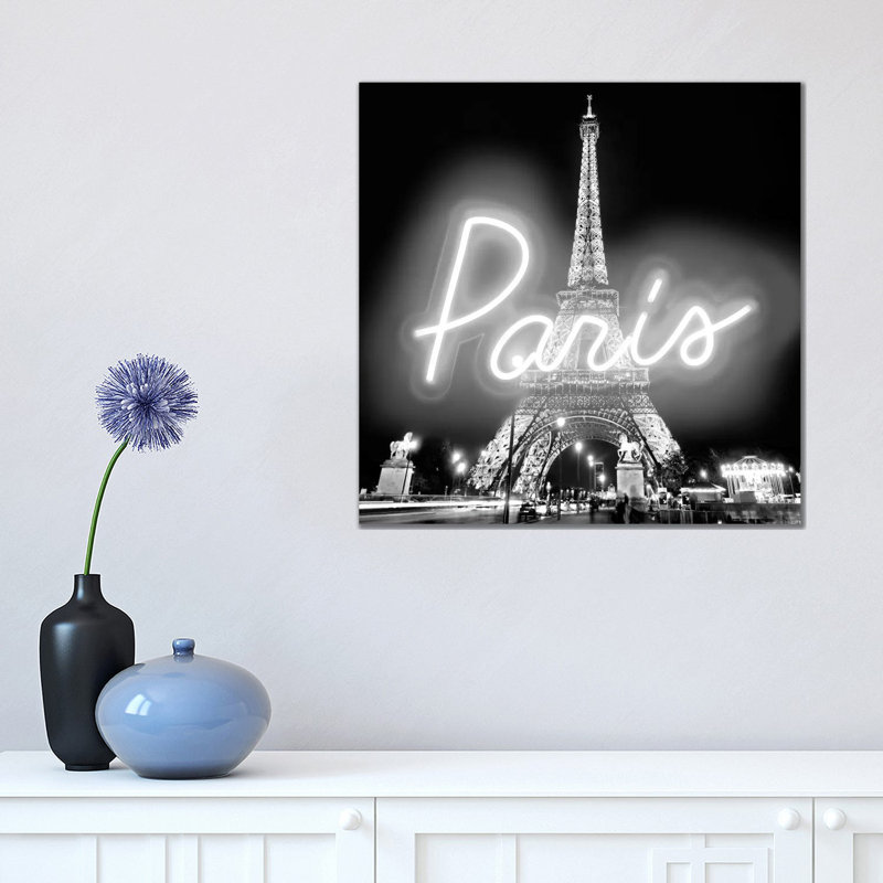 Neon Paris White On Black by Hailey Carr - Wrapped Canvas Print, 45.72 cm H x 45.72 cm W x 1.91 cm D