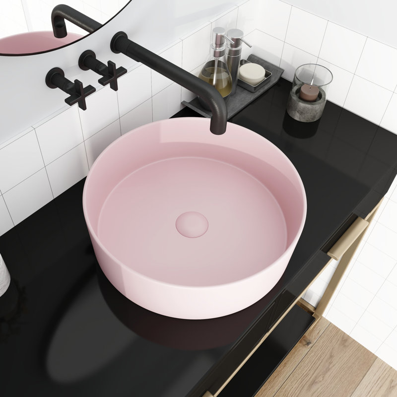 Pink Ceramic Bathroom Vessel Basin - Art Sink, 15.7" Width X Depth 4.7" Height, Ceramic, Easy To Wipe Down Sink In Artistic Basin, 15.7"X15.7"X4.7", Keep Clean And Functioning Efficiently